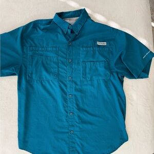 Mens Columbia PFG Omni-Shade Button Front Short Sleeve Vented Shirt Teal Med E43